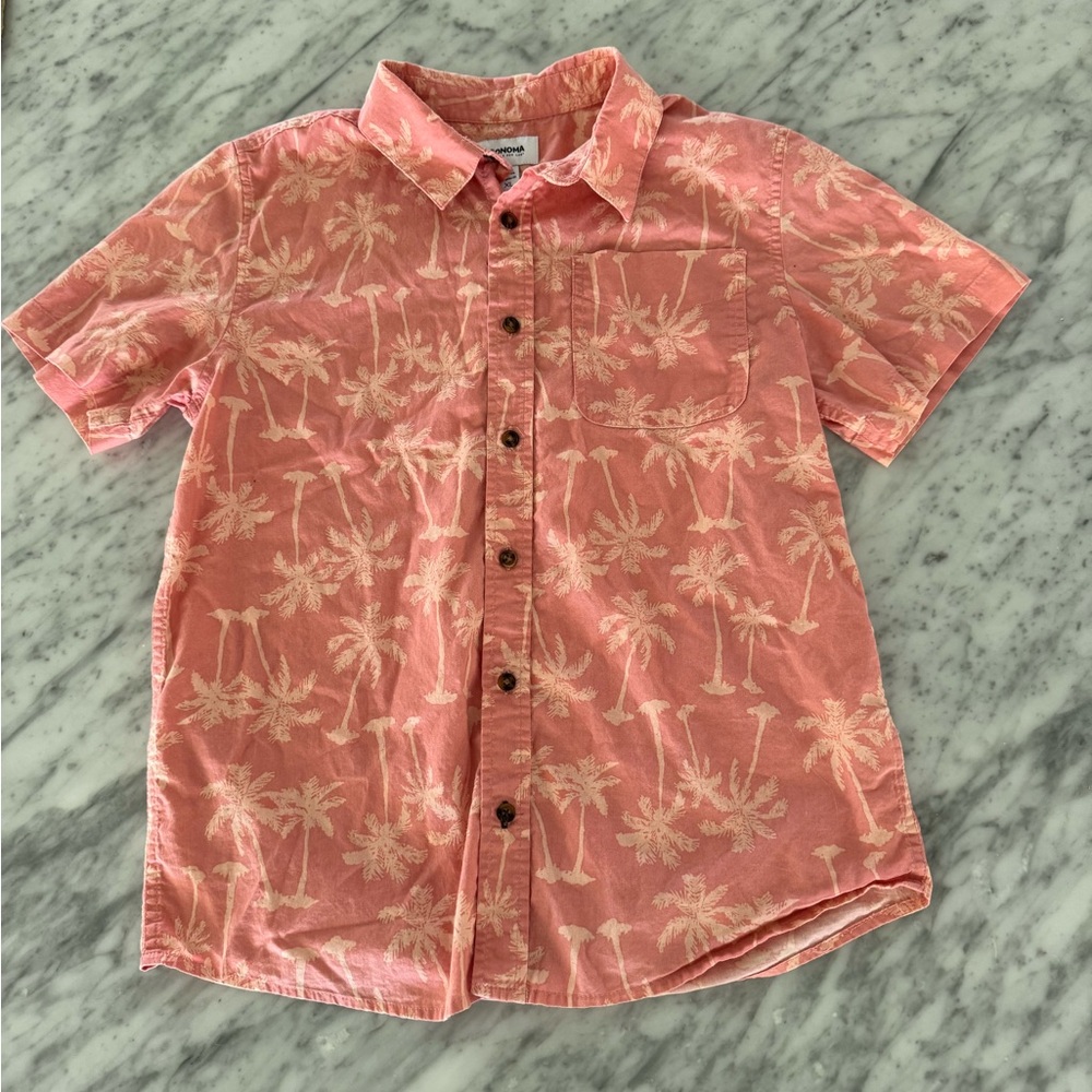 Sonoma Kids XL Aloha Hawaiian Button Down Shirt - Coral with Palm Trees